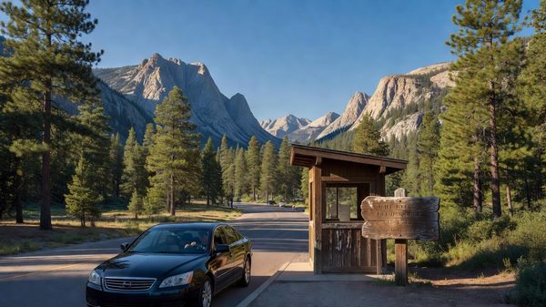 A car waiting at a US national park entrance station booth beneath a mountain backdrop on a clear summer day