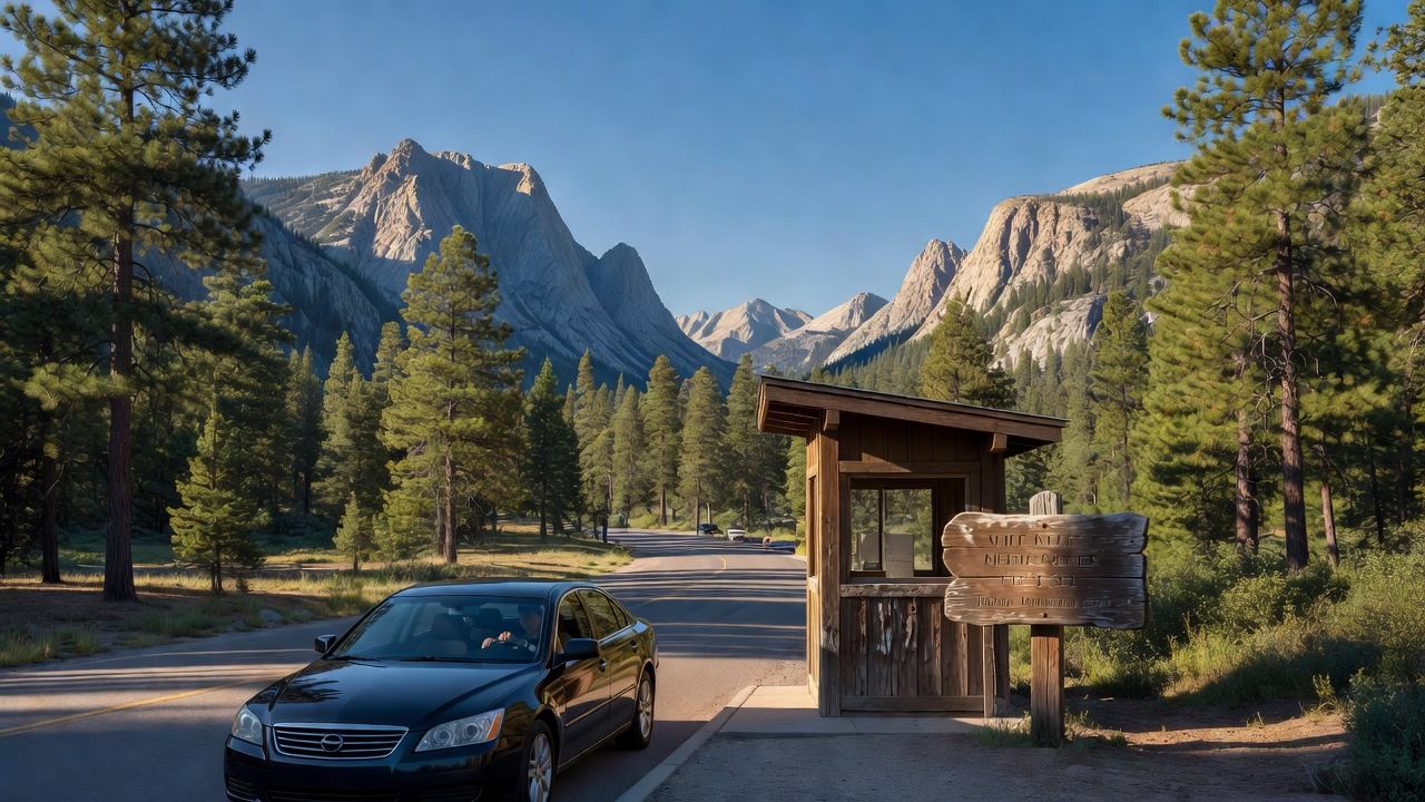 A car waiting at a US national park entrance station booth beneath a mountain backdrop on a clear summer day