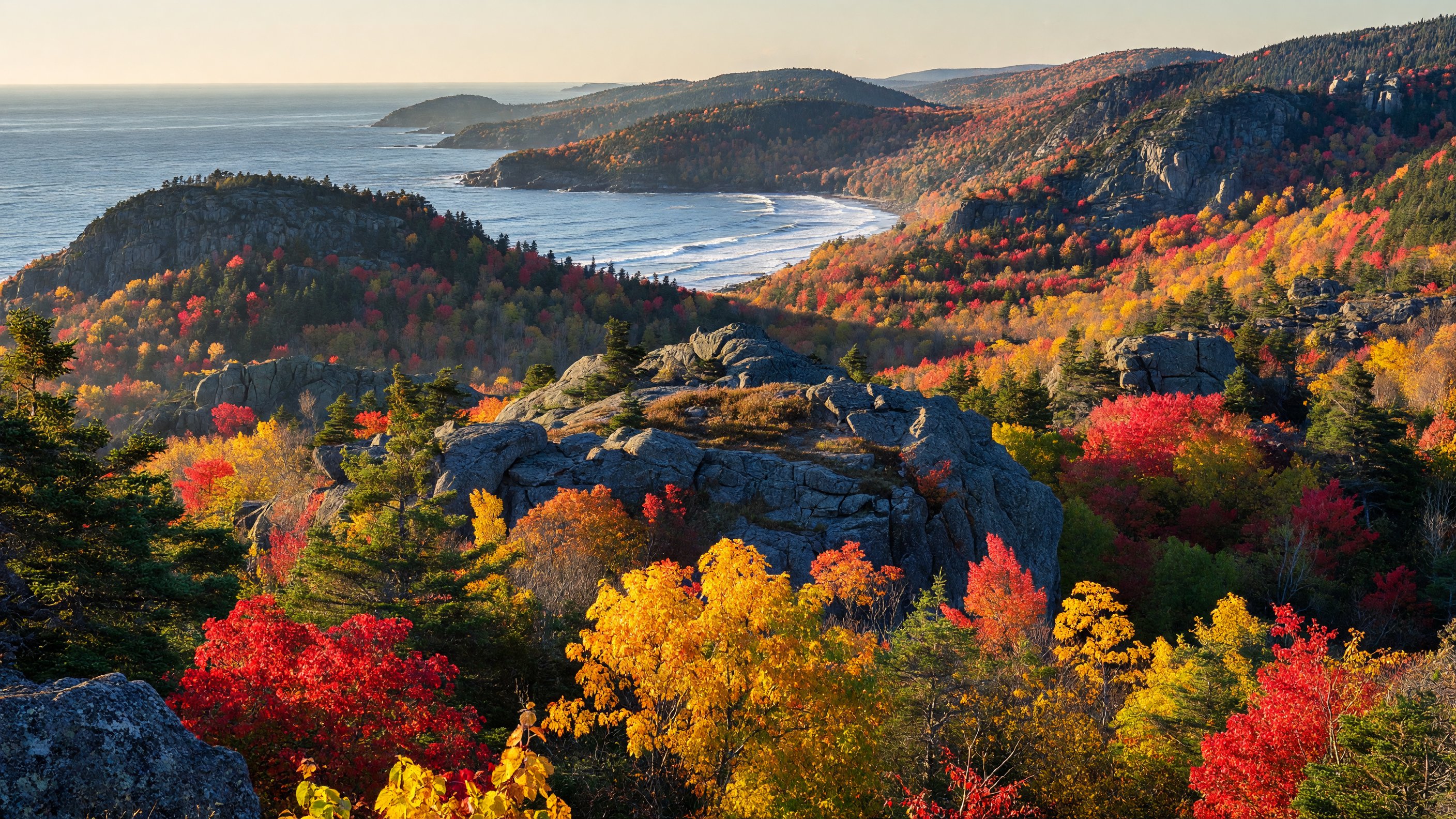 Autumn foliage over granite ridgelines and ocean shoreline at Acadia National Park, Maine