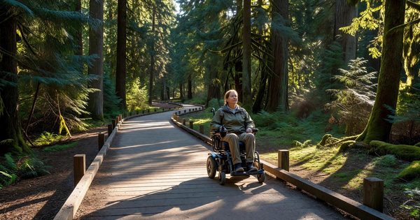 A visitor in a power wheelchair on a paved boardwalk trail at a national park, surrounded by forest, bright afternoon light