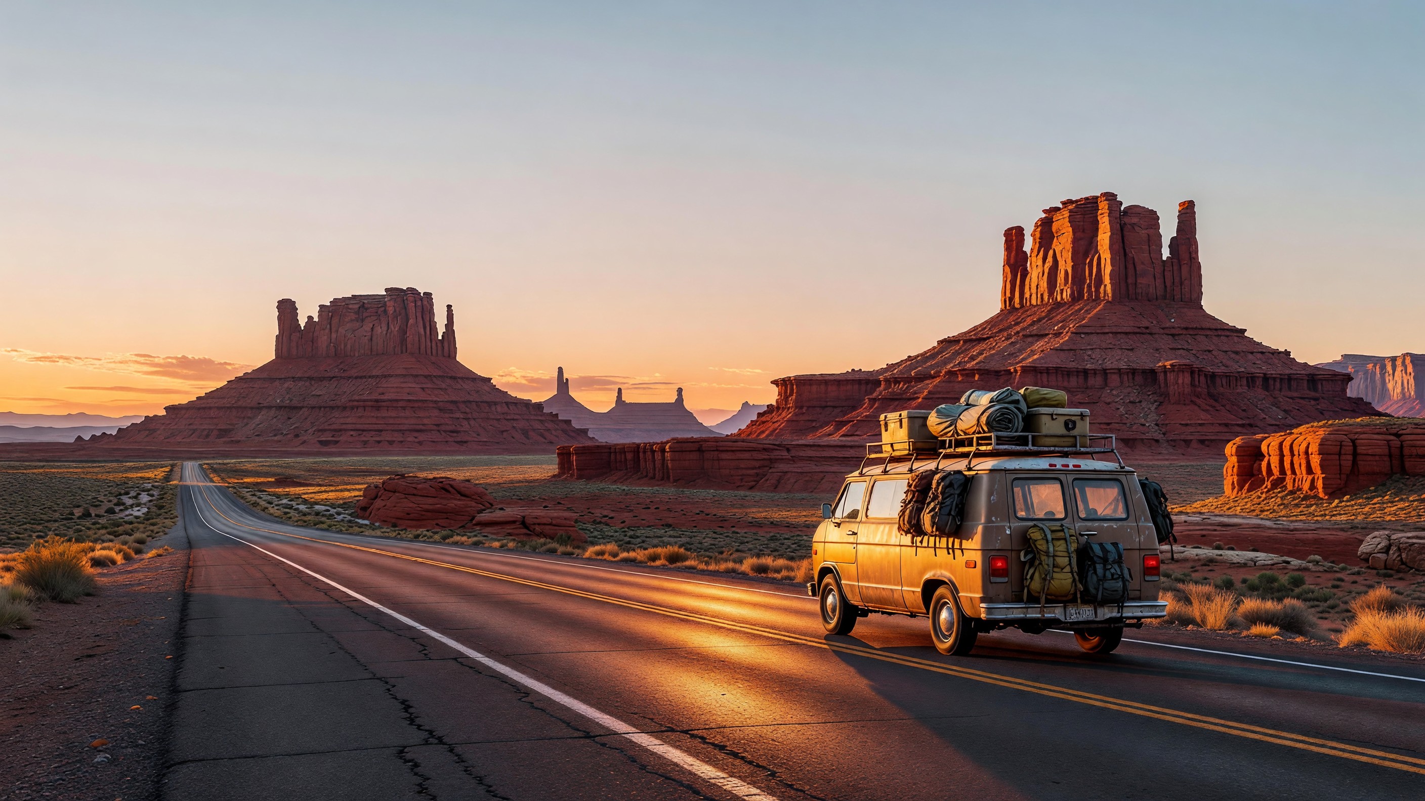 A loaded camper van on a desert highway in southern Utah with red rock mesas and an open sky, late afternoon golden light