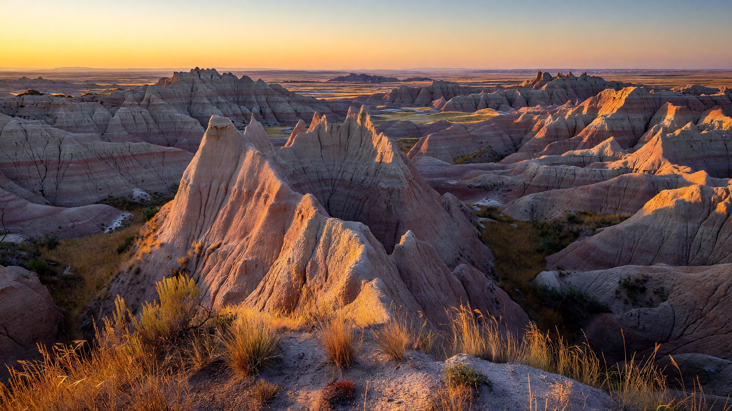 Badlands National Park eroded spires at golden hour, South Dakota