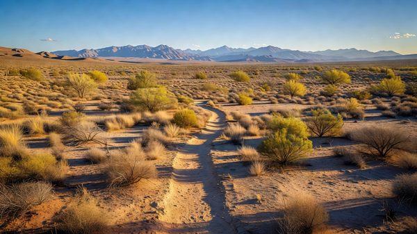 A sunlit desert valley in late autumn with cool-toned mountains in the distance and a thin ribbon of trail in the foreground