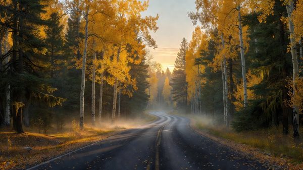 An empty park road curving through golden autumn aspens on a quiet weekday morning in mid-September