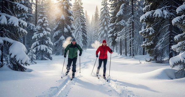 Two cross-country skiers moving through a snow-covered conifer forest in a national park, winter light filtering through the trees, their tracks stretching ahead through fresh powder