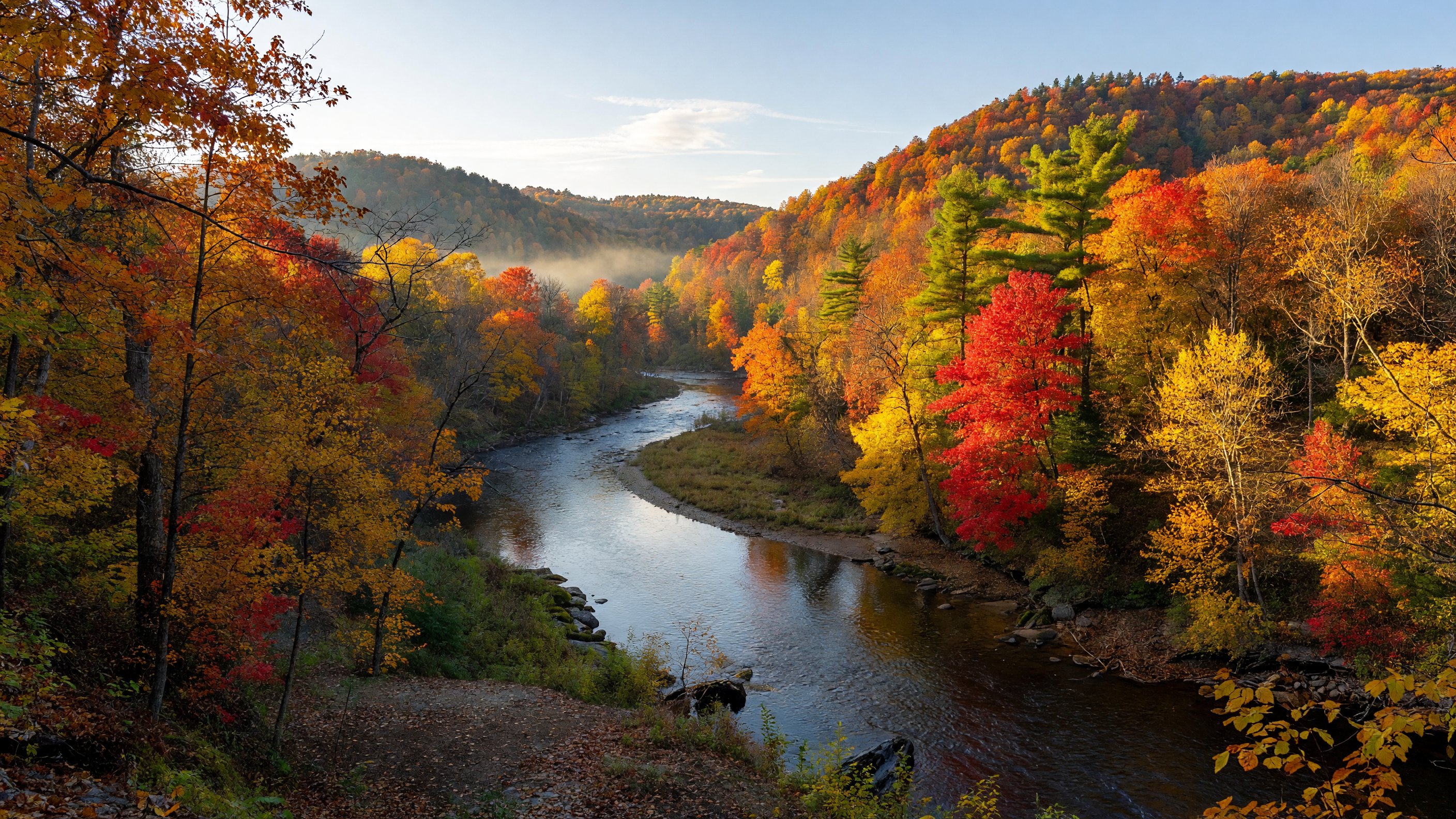 The Cuyahoga River flowing through forested hills in Cuyahoga Valley National Park, Ohio, on a clear autumn morning
