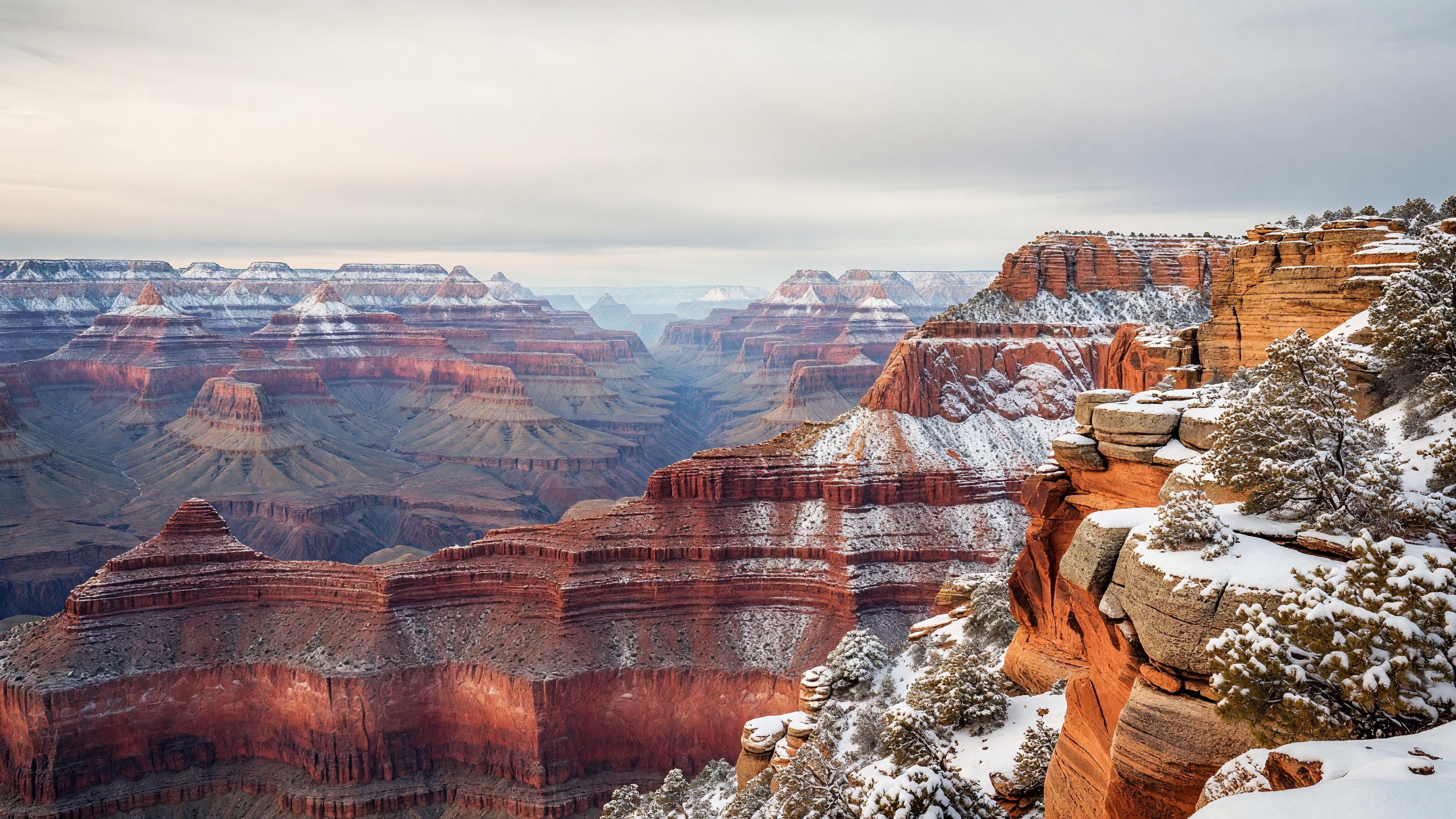 Snow dusting the South Rim of the Grand Canyon in December, red canyon walls visible below a pale winter sky