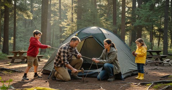 Family setting up a tent at a forested national park campground, late afternoon light filtering through tall trees