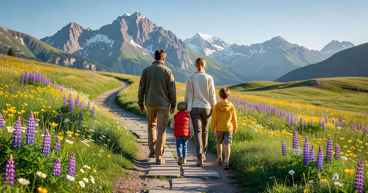 A family with two young children walking a paved trail through an alpine meadow, mountain peaks visible in the background, bright summer morning