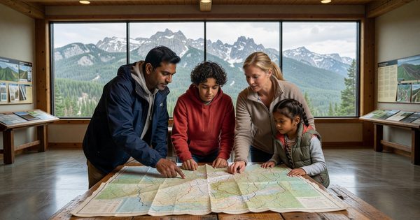 An international family consulting a paper map at a national park visitor center, mountains visible through the window behind them