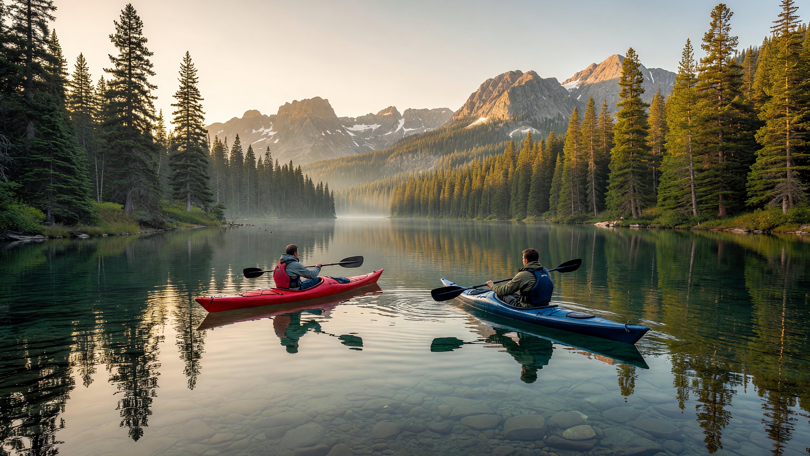 A couple paddling a bright red canoe across a calm wilderness lake surrounded by boreal forest, early morning light on still water
