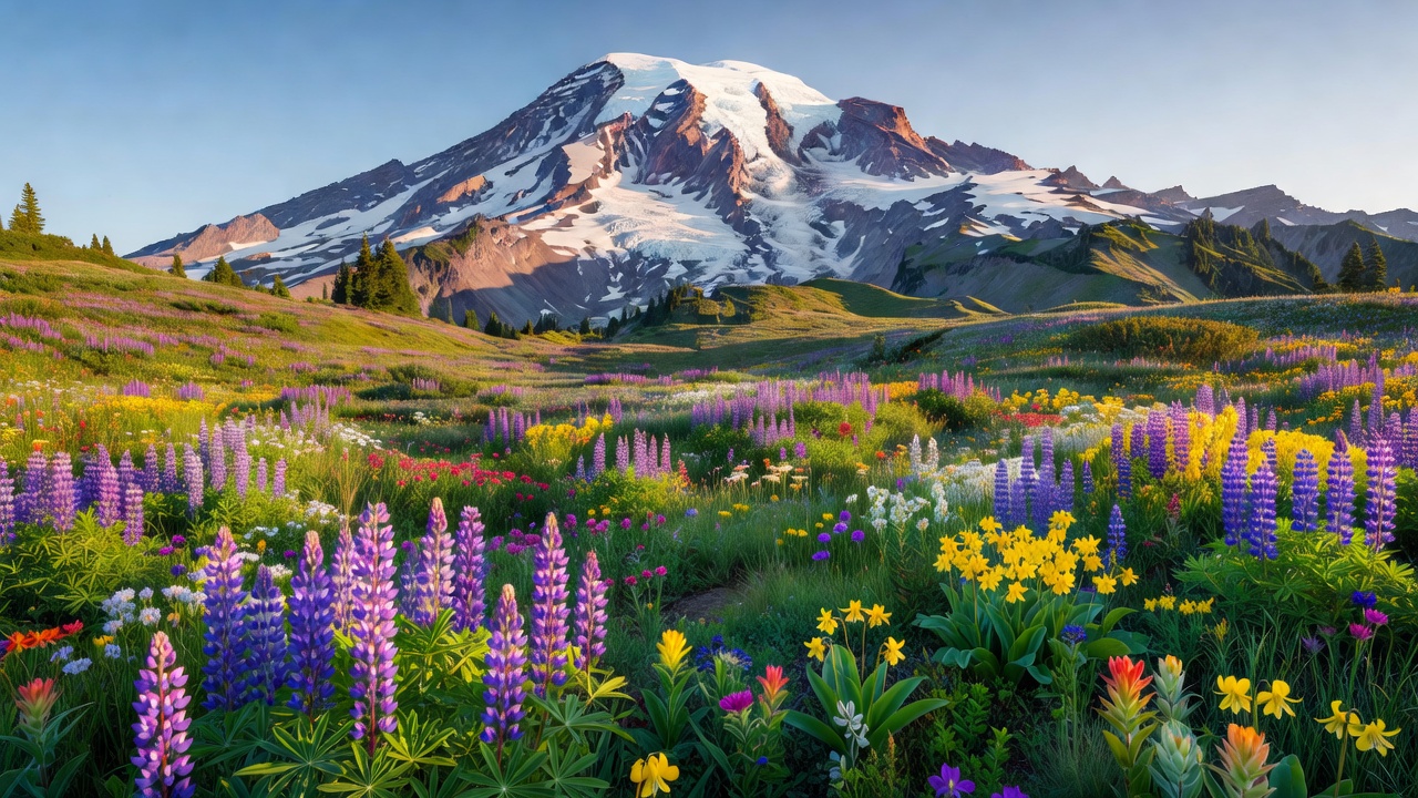 Mount Rainier above wildflower meadows at Paradise, Washington state