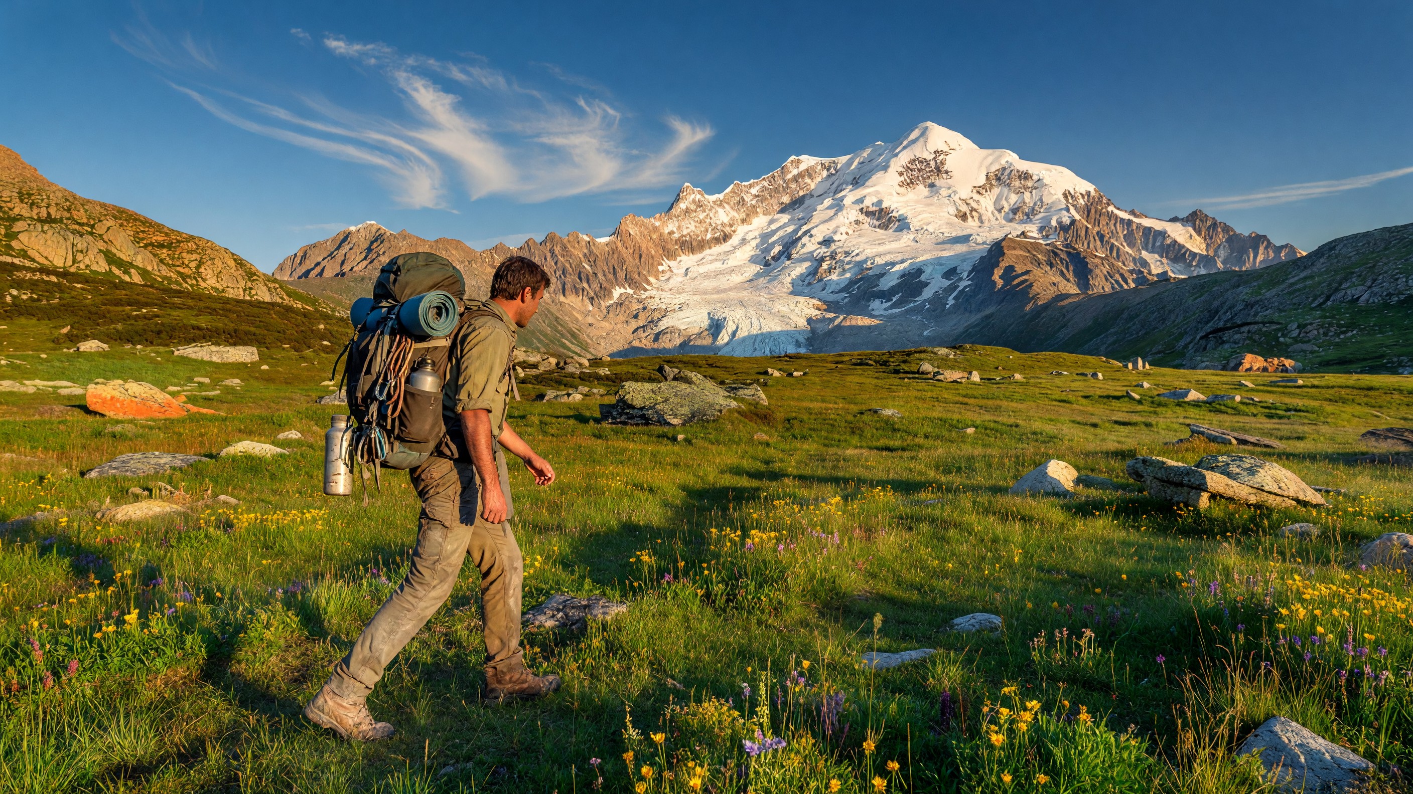 A backpacker with a loaded pack crossing a high alpine meadow with a glacier-capped peak in the background, late afternoon sun