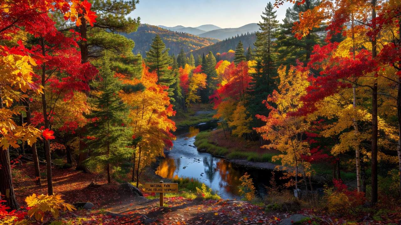 Fall foliage across a ridgeline in a national park, orange and red hardwoods under a clear October sky