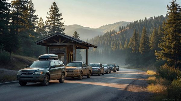 A line of vehicles waiting at a national park entrance station on a late-summer morning with forested ridges behind