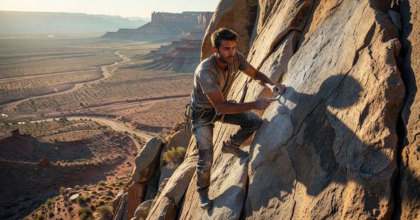 A rock climber placing gear on a granite crack route high above a desert valley floor, late afternoon sun casting long shadows across the cliff face
