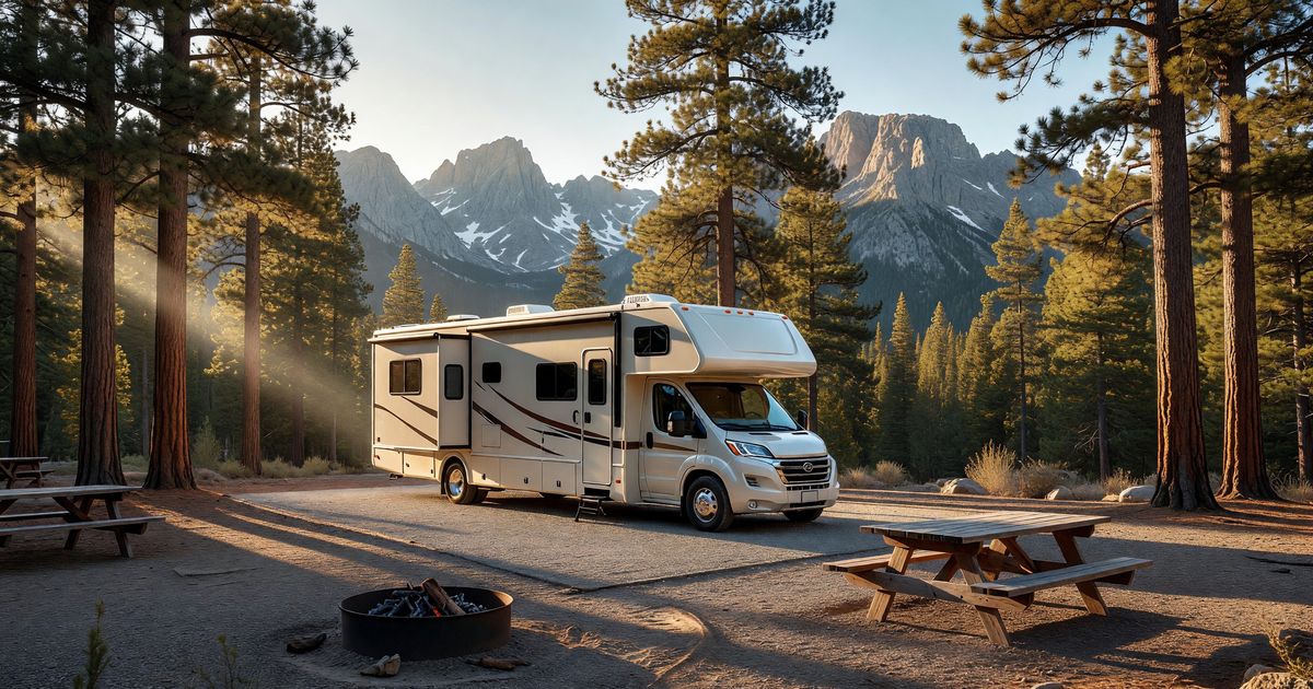 A Class A motorhome parked at a scenic national park campground surrounded by pine trees and mountain peaks, golden hour light