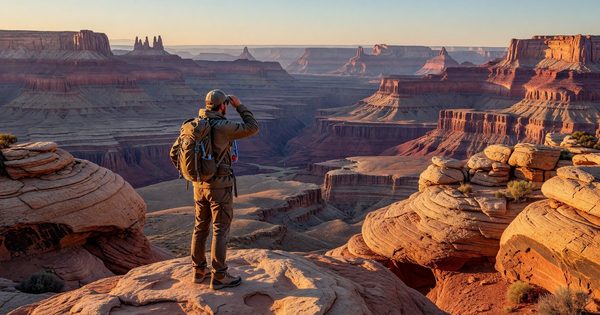 A solo hiker with a daypack standing on a sandstone overlook above a canyon, late afternoon light, American Southwest