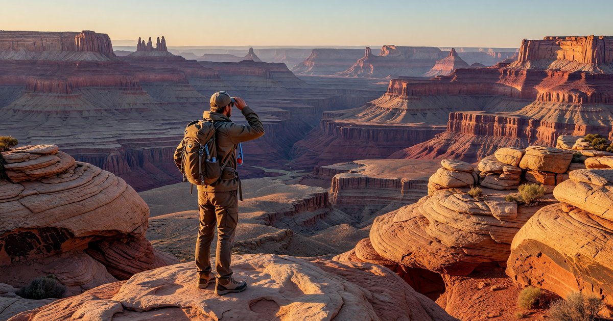 A solo hiker with a daypack standing on a sandstone overlook above a canyon, late afternoon light, American Southwest