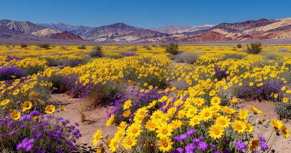 A sweeping carpet of yellow and purple wildflowers covering a desert valley floor in Death Valley National Park during a super-bloom, distant mountains rising under a clear blue sky