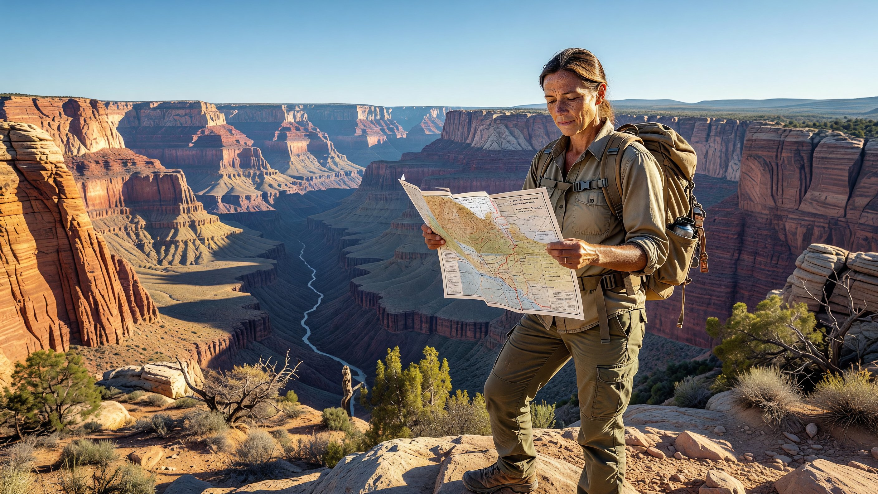 A first-time visitor standing at a scenic overlook in a national park, consulting a map, expansive canyon landscape behind them under blue sky