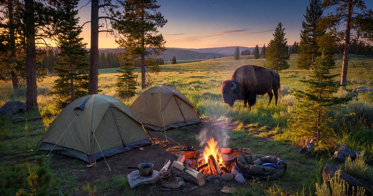 A tent campsite at dusk in Yellowstone National Park with a bison visible in a grassy meadow in the background, golden evening light